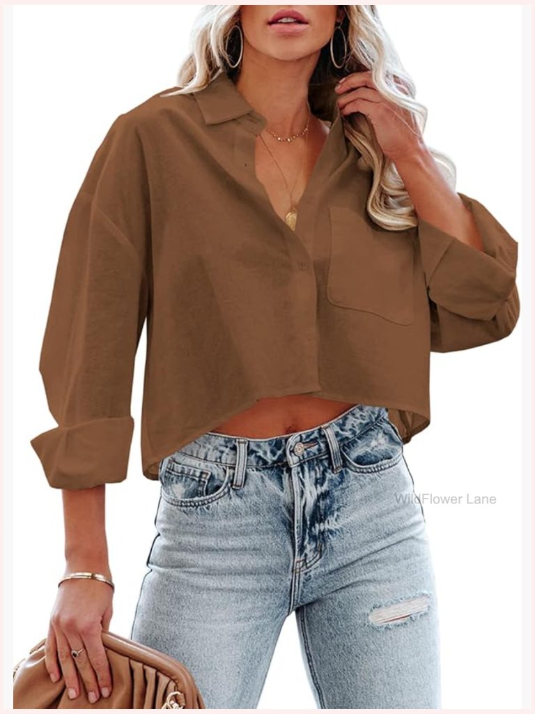 Long Sleeve Button Down Cropped Blouse With Chest Pocket